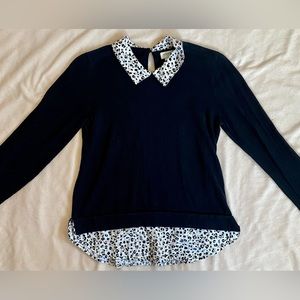 J. Crew Black & Cheetah Small Long Sleeve Collared Sweater